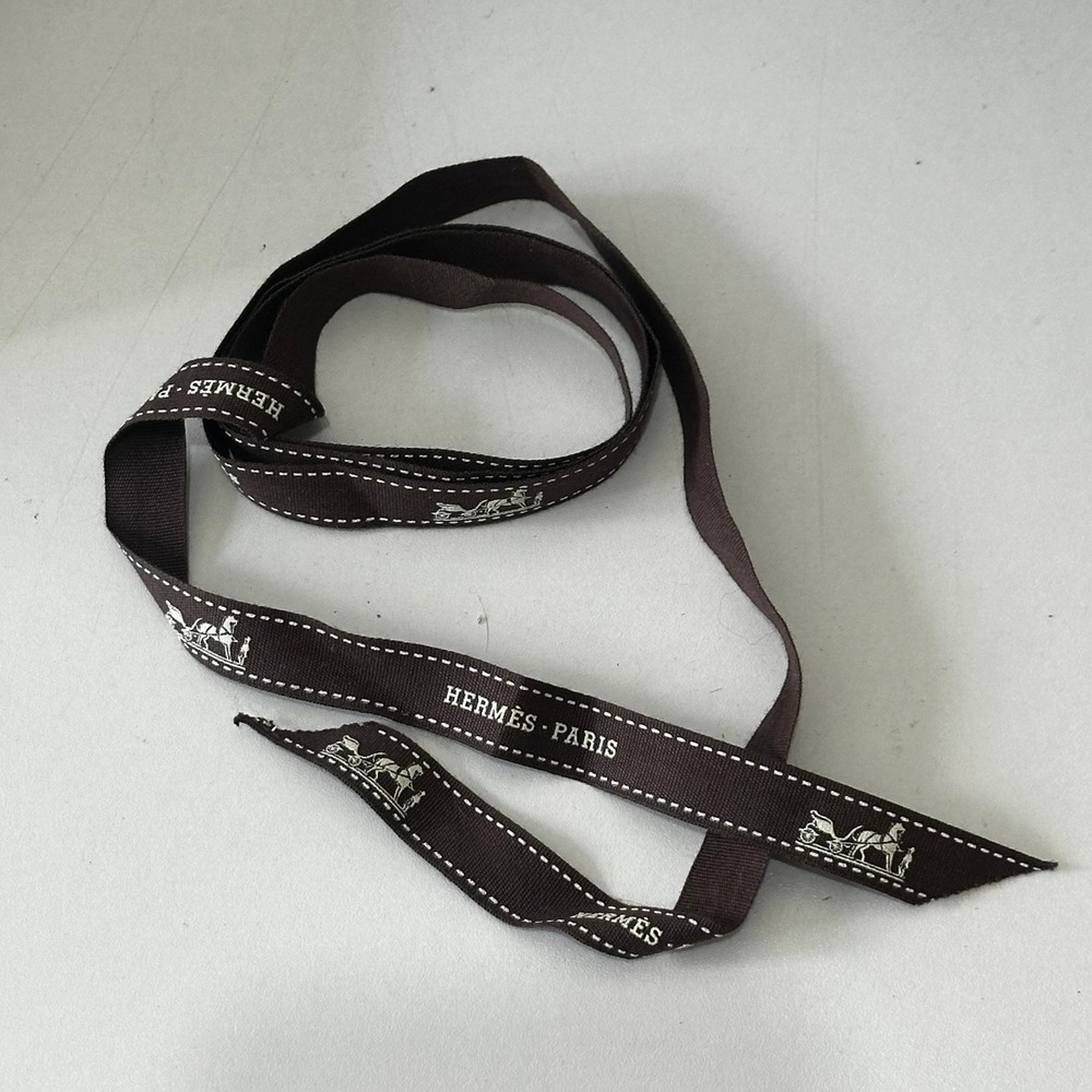 Hermes Paris Bolduc Ribbon Brown White Horse Carriage Logo 40 Inch Authentic